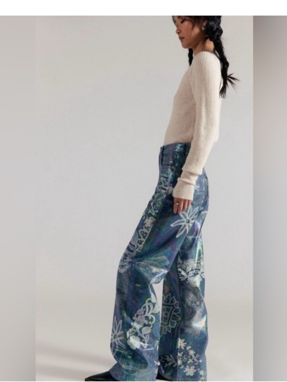 NWT Free People Tinsley Blue Floral High-Rise Printed Jeans - Picture 4 of 9